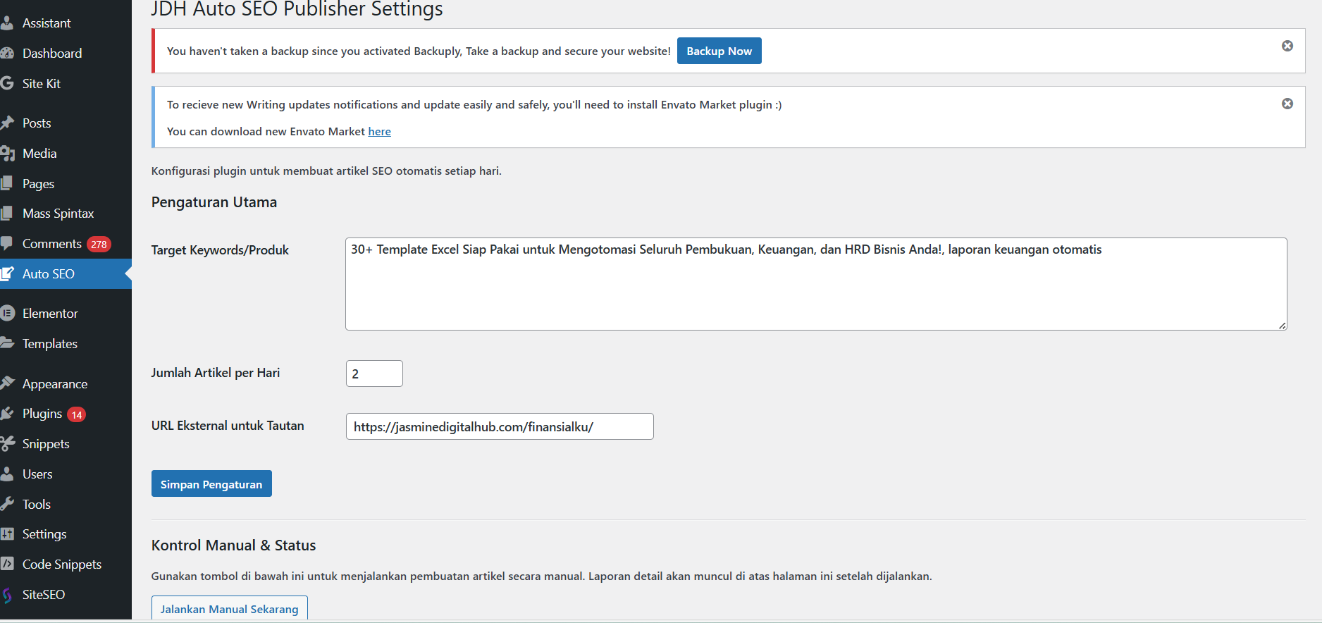 Plugin Auto SEO – Dashboard